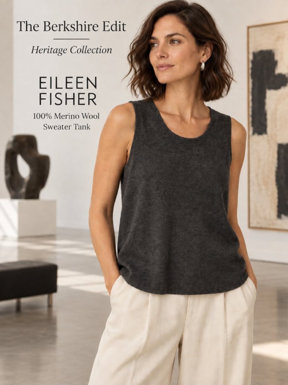 Eileen Fisher 100% Merino Wool Italian Yarn Sleeveless Sweater Tank S Charcoal